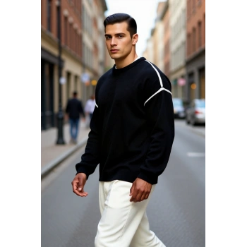 Erkek Oversize Fit Geniş Kalıp Bisiklet Yaka Düşük Kol Biye Detaylı Triko Kazak Günlük Şıklık