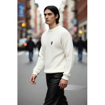 Erkek Oversize Geniş Kesim Bisiklet Yaka Ayı Nakışlı Selanik Dokuma Uzun Kol Kazak Kaliteli