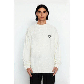 Erkek Oversize Kalıp Bisiklet Yaka Sargı Nakışlı Triko Kazak Günlük Kombinler İçin İdealdir