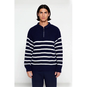 Erkek Oversize Kalıp Lacivert Çizgili Polo Yaka Triko Kazak Kışlık Rahat Selanik Dokuma Akrilik