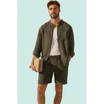 Erkek Oversize Keten Gömlek Hakim Yaka Uzun Kol Basic Günlük Hafta Sonu Yaz Aylarının Vazgeçilmezi