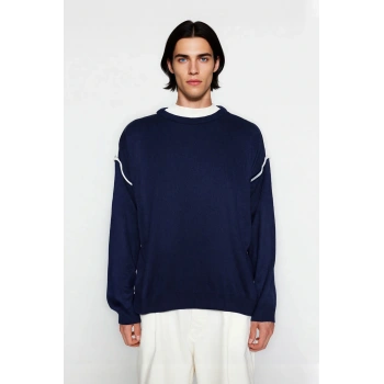 Erkek Oversize Rahat Akrilik Bisiklet Yaka Triko Kazak Biye Detaylı Kışlık Modern Giyim Stili