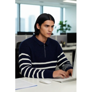 Erkek Polo Yaka Oversize Kalıp Triko Çizgili Kazak Lacivert Renk Kalın Selanik Dokuma Kışlık Giysi