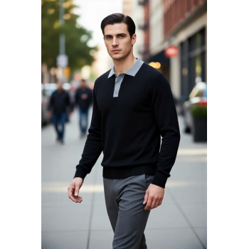 Erkek Polo Yaka Renk Bloklu Triko Kazak Regular Kalıp Uzun Kol Soğuk Havalar İçin Modern Stil