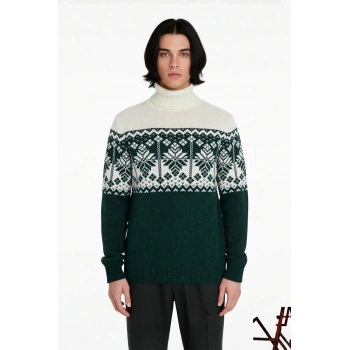 Erkek Regular Fit Balıkçı Yaka Etnik Desenli Kalın Triko Kazak Kışlık Günlük Şık Kombinler İçin