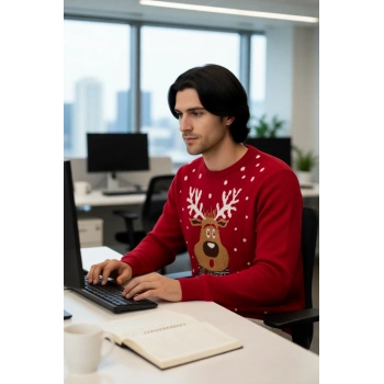 Erkek Regular Fit Bisiklet Yaka Kalın Kırmızı Yılbaşı Temalı Geyik Desenli Triko Kışlık Kazak