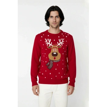 Erkek Regular Fit Bisiklet Yaka Kalın Triko Yılbaşı Temalı Kırmızı Geyik Desenli Kışlık Kazak