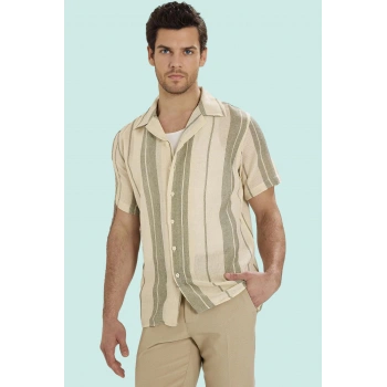 Erkek Regular Fit Çizgili Desenli Kısa Kollu Gömlek Yazlık Günlük Yaz Aylarının Vazgeçilmezi
