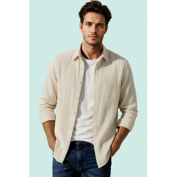 Erkek Regular Fit Dokulu Jakarlı Uzun Kollu Gömlek Rahat Günlük Stil Yaz Aylarının Vazgeçilmezi