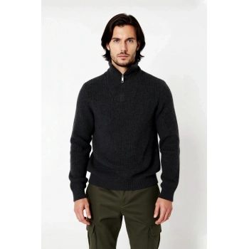 Erkek Regular Fit Fermuarlı Dik Yaka Kalın Triko Kazak Yünlü Karışım Kışlık Günlük Konfor İçin İdeal