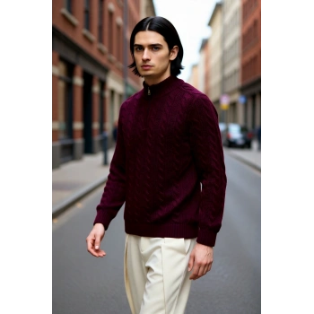 Erkek Regular Fit Fermuarlı Dik Yaka Yünlü Saç Örgü Kazak Kış Aylarında Konfor Ve Şıklık Sunar