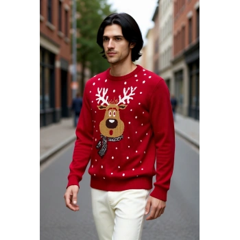 Erkek Regular Fit Kalın Kırmızı Bisiklet Yaka Yılbaşı Temalı Kışlık Geyik Desenli Triko Kazak