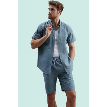 Erkek Regular Fit Kareli Dokulu Kısa Kollu Gömlek Pamuk Günlük Kullanım Yaz Aylarının Vazgeçilmezi
