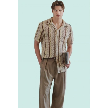 Erkek Regular Fit Kısa Kollu Apaş Yaka Dokulu Gömlek Rahat Günlük Kullanım Kaliteli Malzeme