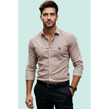 Erkek Regular Fit Nakış Detaylı Smart Gömlek Uzun Kol Pamuklu Günlük Kullanım Modern Tasarım