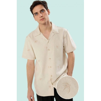 Erkek Regular Fit Nakışlı Keten Görünümlü Gömlek Kısa Kollu Yazlık Günlük Kaliteli Malzeme