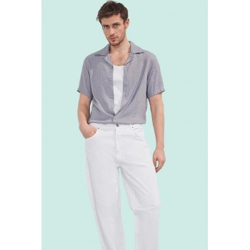 Erkek Regular Fit Polyester Gömlek; Keten Görünümlü Apaş Yaka Kısa Kol Yazlık Günlük Kullanım