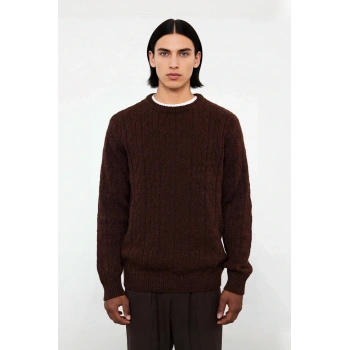 Erkek Regular Kalıp Bisiklet Yaka Dokulu Triko Kahverengi Kazak Kışlık Kombinlerin Başlangıcı