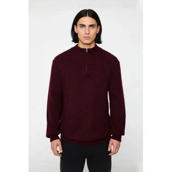 Erkek Regular Kalıp Düz Akrilik Triko Yarım Fermuarlı Dik Yaka Büyük Beden Kazak Kaliteli Şık
