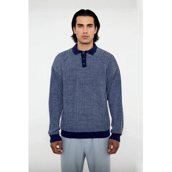 Erkek Regular Kalıp Polo Yaka Dokulu Desenli Uzun Kollu Akrilik Triko Kazak Kış Günleri İçin İdeal