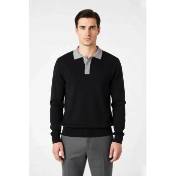 Erkek Regular Kalıp Polo Yaka Renk Bloklu Uzun Kol Triko Kazak Kış Sezonu İçin İdeal Şık Giyim Ürünü