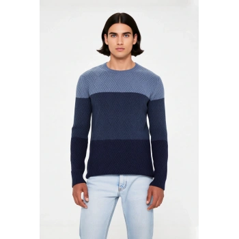 Erkek Regular Kalıp Renk Bloklu Bisiklet Yaka Uzun Kollu Triko Kazak İle Şıklığı Yakalayın