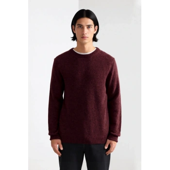 Erkek Regular Kalıp Yün Karışımlı Bisiklet Yaka Uzun Kollu Düz Triko Kazak Kış Günleri İçin İdeal