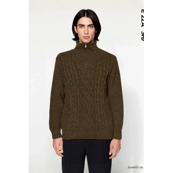 Erkek Regular Kesim Dik Yaka Uzun Kollu Fermuar Detaylı Saç Örgü Triko Kışlık Kazak Kaliteli