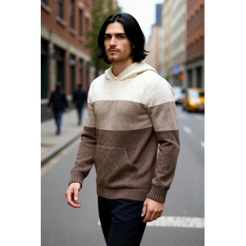Erkek Regular Kesim Kapüşonlu Renk Bloklu Uzun Kollu Triko Kazak Soğuk Kış Günleri İçin İdeal
