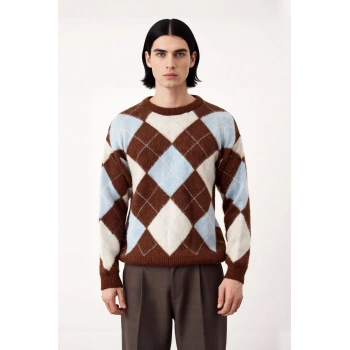 Erkek Regular Kesim Kışlık Bisiklet Yaka Ekose Desen Triko Kazak Soğuk Havalar İçin İdeal Şık ve