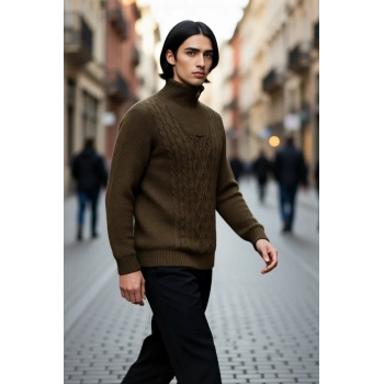 Erkek Regular Kesim Kışlık Triko Kazak Fermuarlı Dik Yaka Saç Örgü Uzun Kollu Rahat Kaliteli