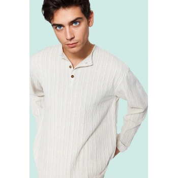 Erkek Relaxed Fit Keten Karışımlı Gömlek Bisiklet Yaka Düz Desen Casual Günlük Özel Günler