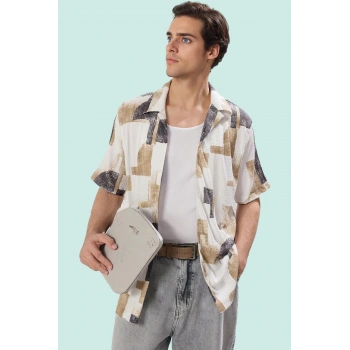 Erkek Şık ve Rahat Apaş Yaka Çizgili Kısa Kollu Gömlek Yazlık Bürümcük Dokuma Günlük Kullanım