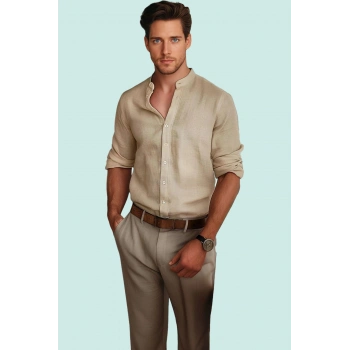 Erkek Slim Fit Hakim Yaka Keten Görünümlü Gömlek Basic Siluet Günlük Kullanım Modern Tasarım