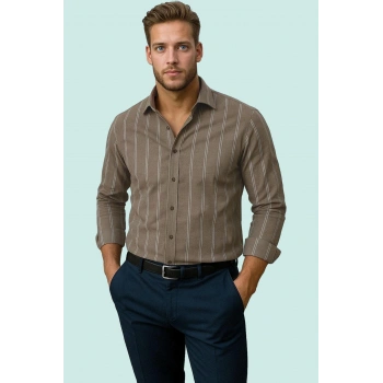 Erkek Slim Fit İnce Çizgili Gömlek Yaka Düğmeli Uzun Kollu Günlük Yaz Aylarının Vazgeçilmezi
