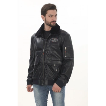 Erkek Kışlık Derimont Şık Tarz Erkek Bomber Ceket Siyah Hakiki Kuzu Derisi El Yapımı Pilot Mont