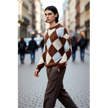 Erkek Soğuk Havalar İçin Regular Kalıp Bisiklet Yaka Ekose Deseniyle Konforlu Triko Kazak Günlük