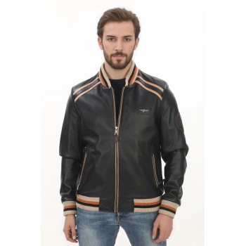 Erkek Spor ve Şıklık Bir Arada Derimont Varsity Hakiki Kuzu Derisi Bomber Ceket Erkek Mont