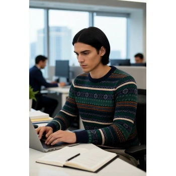 Erkek Standart Kol Bisiklet Yaka Etnik Desenli Fitted Kesim Kalın Triko Kazak Gündelik Kombinlere