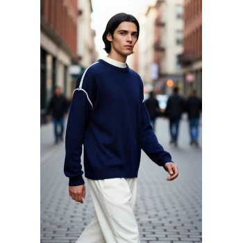 Erkek Triko Bisiklet Yaka Oversize Kazak Akrilik Materyal Biye Detaylı Kışlık Konforlu Şıklık