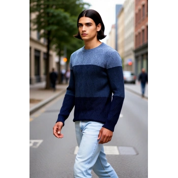 Erkek Triko Regular Kalıp Bisiklet Yaka Renk Bloklu Uzun Kollu Kazak Soğuk Havalara Özel Kaliteli
