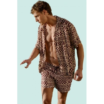 Erkek Viskoz Dokuma Gömlek Apaş Yaka Geometrik Desenli Salaş Yazlık Model Günlük Kombinler