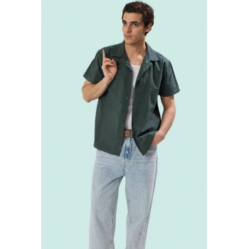Erkek Yazlık Gömlek Pamuk Keten Görünümlü Apaş Yaka Kısa Kol Regular Kalıp Rahat Günlük Kullanım