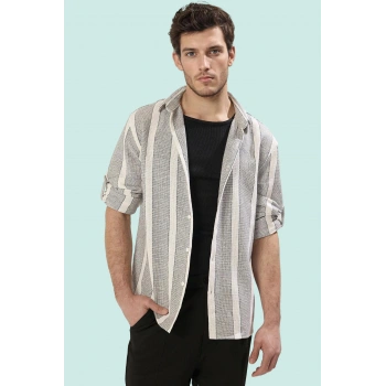 Erkek Yazlık Kısa Kollu Regular Fit Etamine Gömlek Apaş Yaka Çizgili Desen Günlük Hafta Sonu
