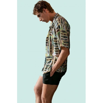 Erkek Yazlık Viskoz Dokuma Gömlek Kısa Kollu Apaş Yaka Çok Rahat Günlük Tasarım Hafta Sonu