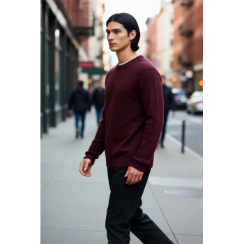 Erkek Yün Karışımlı Regular Kesim Bisiklet Yaka Uzun Kollu Bordo Düz Triko Kazak Soğuk Havalara Özel