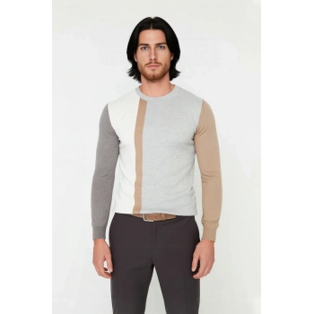 Erkekler İçin Fitted Kalıp Bisiklet Yaka Renk Bloklu Uzun Kollu Basic Dokulu Triko Kazak Kaliteli