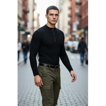 Erkekler İçin Fitted Kesim Fermuar Detaylı Dik Yaka Fitilli Pamuk Polyester Triko Kazak Casual Tarz