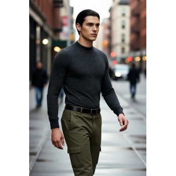 Erkekler İçin Modern Fitted Kesim Yarım Balıkçı Yaka Akrilik Triko Kazak Günlük Şıklık Ve Sıcaklık.
