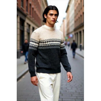 Erkeklere Özel Fitted Kalıp Etnik Desenli Bisiklet Yaka Triko Kazak Kışlık Kombinlerin Vazgeçilmezi